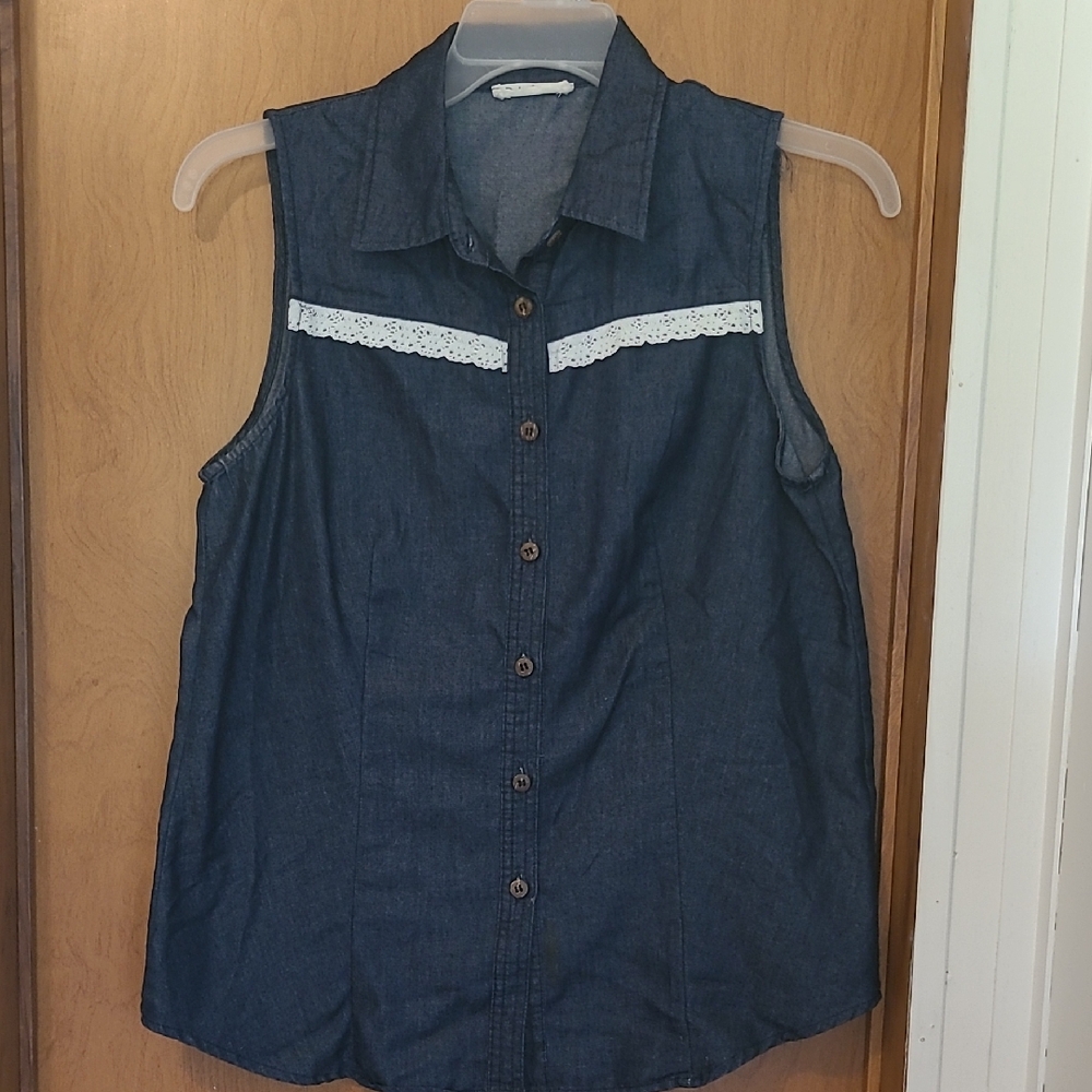 Rebellion Blue Sleeveless Button Down Shirt with White Lace